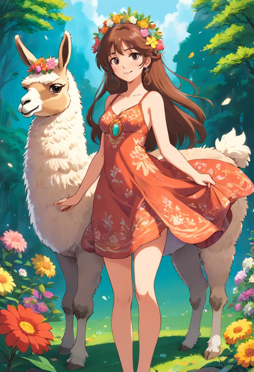 A beautiful girl wearing a sexy dress, goddess, happy, cleavage, flowers in her hair, long hair, posing with a llama, full body, magical, nature scene