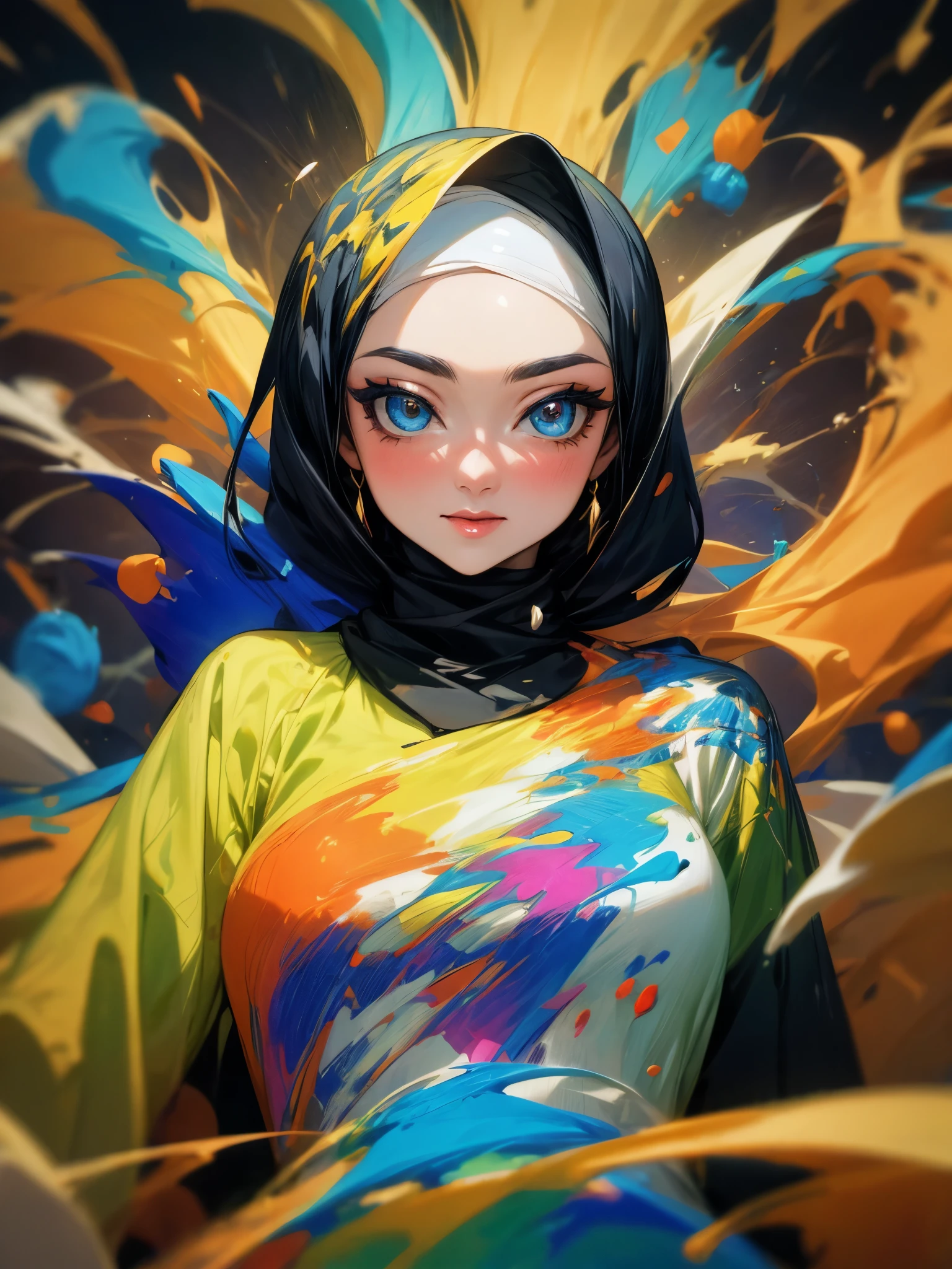 Image Prompt: A stylish woman wearing a hijab and a dress, covered in spilled colorful paint splatters, set against a backdrop of a splash paint world. The scene is vibrant and playful, with various colors swirling around the woman, creating a dynamic and artistic atmosphere.\n\nPhotography Style: Creative fashion portrait photography\n\nLighting: Colorful and dynamic lighting to enhance the paint splatters and create a lively ambiance\n\nAmbiance: Energetic and artistic, evoking a sense of creativity and expression\n\nImage Size: Large size, capturing the details of the woman's outfit, hijab, and the paint splatters in the background\n\nPrompt: Capture a stylish woman in a hijab and dress, adorned with spilled paint splatters, set in a whimsical and colorful splash paint world, showcasing a fusion of fashion and artistic creativity.
