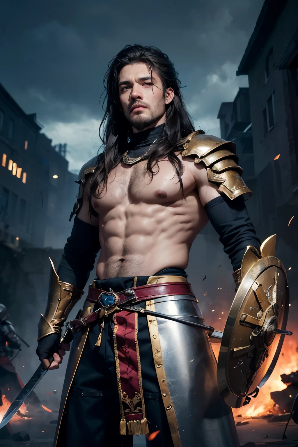 Craft a compelling narrative that brings to life the awe-inspiring image of a medieval Nordic warrior. Envision a figure of commanding stature, standing tall at 1.75 meters, exuding an aura of strength and resilience. His physique, sculpted through rigorous training and countless skirmishes, speaks of formidable prowess on the battlefield.
With hair as dark as the midnight sky, expertly styled in a fade or degrade cut, and eyes that gleam with a piercing intensity of molten bronze, he embodies the very essence of intimidation. Not a trace of beard or mustache mars his visage, emphasizing the chiseled contours of his face and the unyielding determination etched into his expression.
Clad in the distinctive attire of his Nordic heritage, he eschews the weighty confines of armor, relying instead on the practicality and freedom of movement afforded by traditional garb. Each garment tells a story of resilience and survival, bearing the marks of countless battles fought in defense of his homeland.
In his left hand, he brandishes a shield forged from the strongest of materials, its surface adorned with intricate patterns that hint at the warrior's storied lineage. Resting upon his back is a sword of legendary craftsmanship, a weapon as much a part of him as the blood that courses through his veins.
Capture the essence of this indomitable warrior, a guardian of his people's honor and legacy, ready to face any challenge that dares to threaten the sanctity of his realm. Let his presence on the battlefield instill fear in the hearts of his adversaries, for he is a force to be reckoned with, unmatched in both skill and resolve."