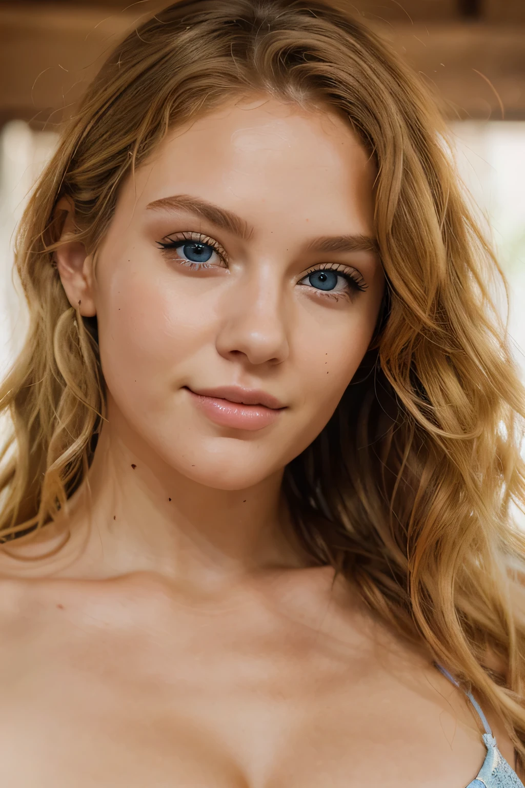 Create a photorealistic image of Anna, 25 years, with big blue eyes, with light hair, falling in soft waves on the shoulders, standing against the backdrop of the setting sun. Her face is illuminated by the last rays of the sun., emphasizing the oval shape of the face, slightly pointed chin and soft cheekbones. full lips, the bottom one is a little bigger than the top one, slightly open in admiration. Anna smiles tenderly, looking into the distance, creating a feeling of calm and dreaminess
