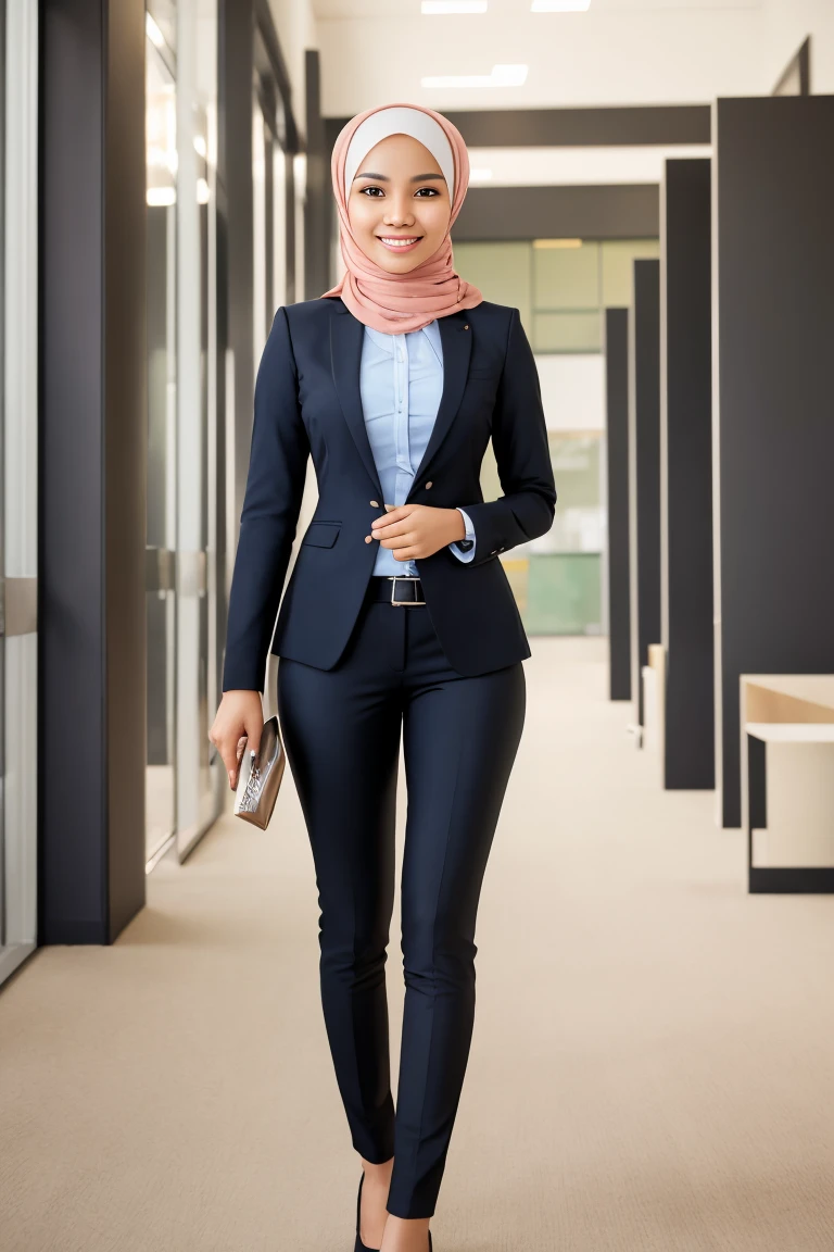 Nude 24 year old teenage malay woman with hijab,wearing office suit,tight pants,closed mouth,smiling