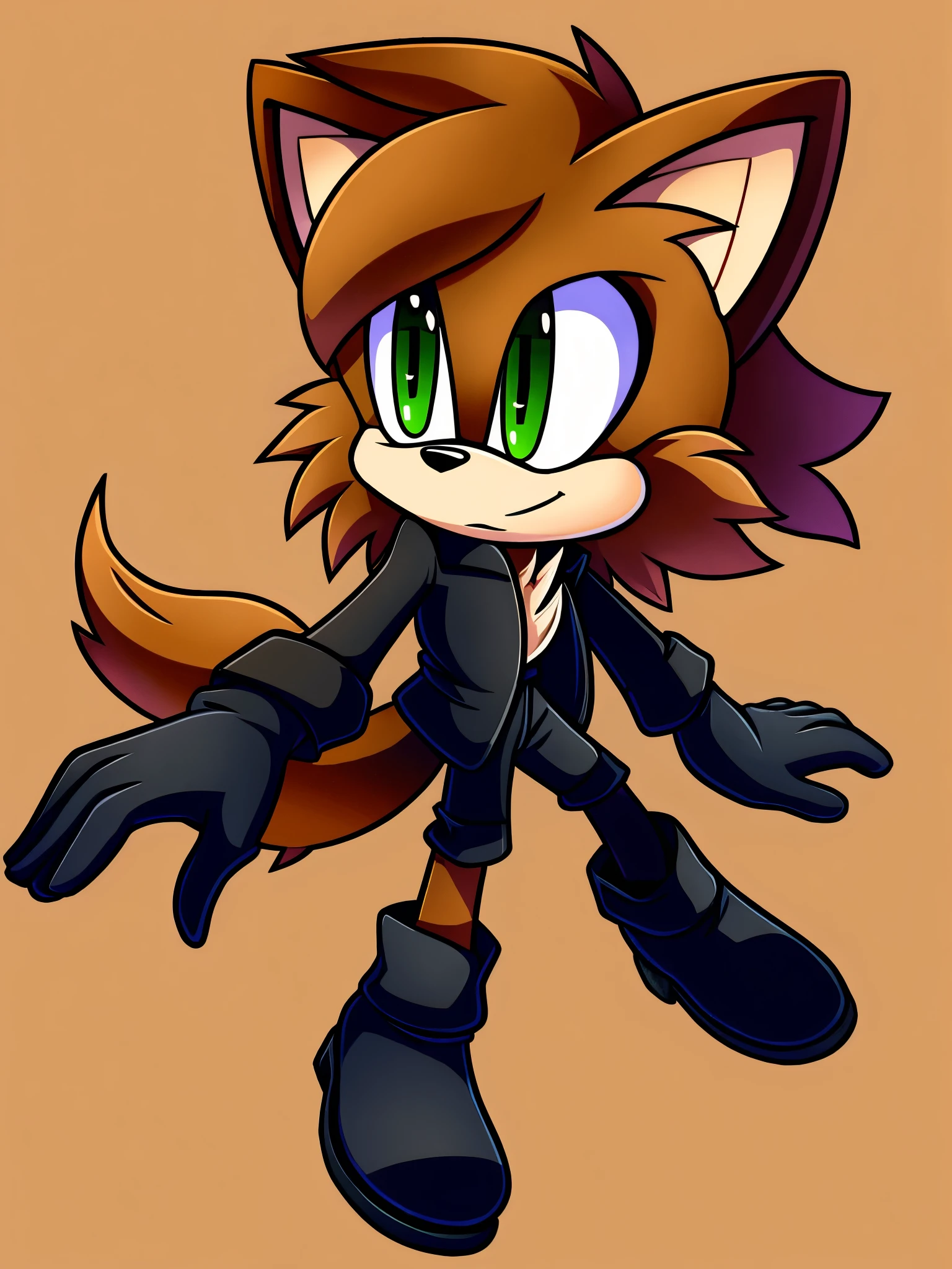 Mobian, brown wolf, male, long black jacket, black shorts, black boots, black gloves, plain background, green eyes