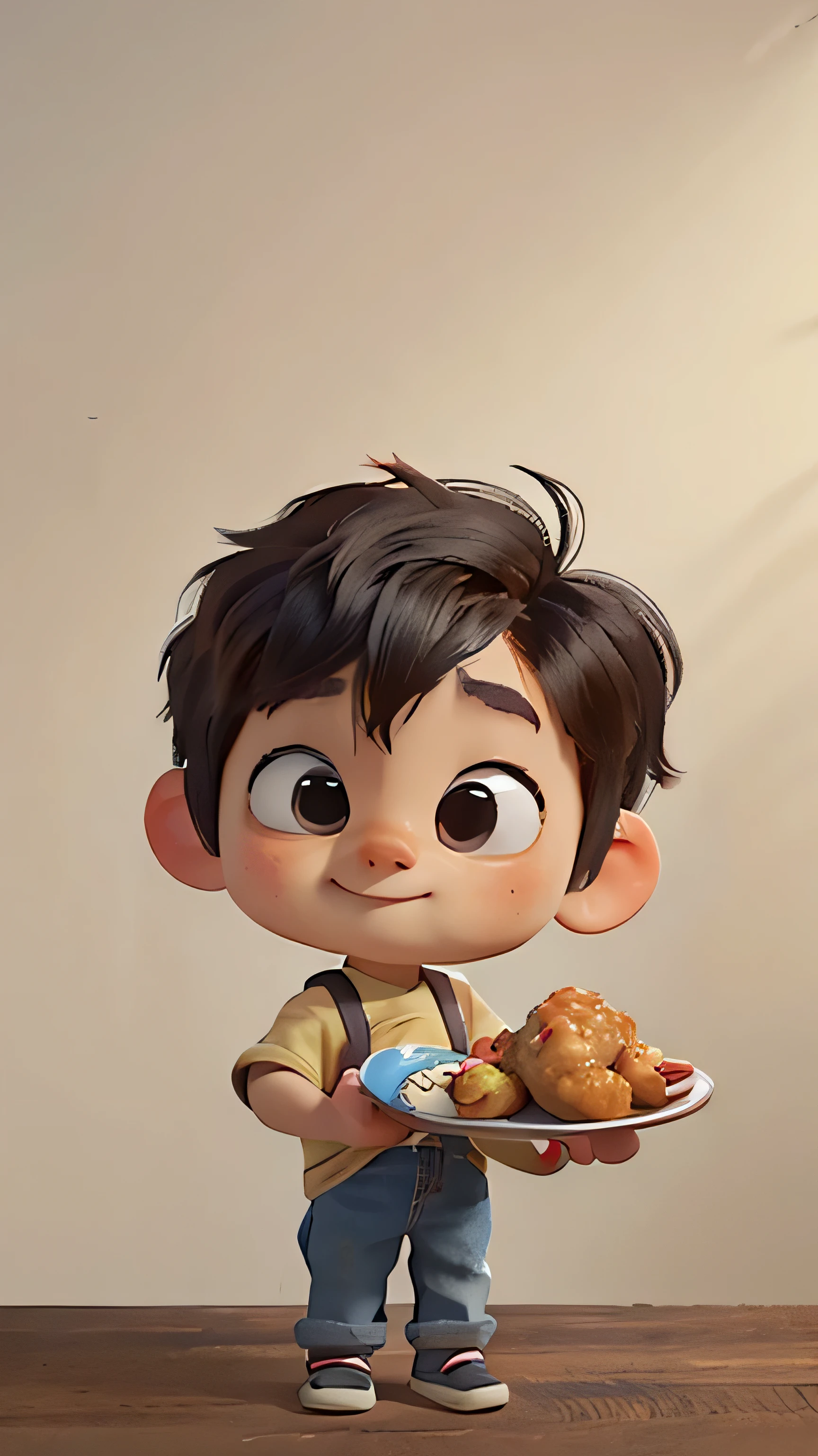 a cute little boy, holding a big plate of fried chicken, masterpiece, best quality, realistic art,Pixar cinematic style