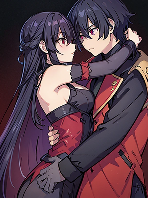 Pareja heterohombre y mujer, hombre:1.1,( con cuernos rojos:1.3), pelo negro, ojos rojos:1.5, cara masculina), Mujer loba, (pelo gris, ojos rojos:1.5, bonito rostro femenino), obra maestra de anime, high resolution, HD definition.