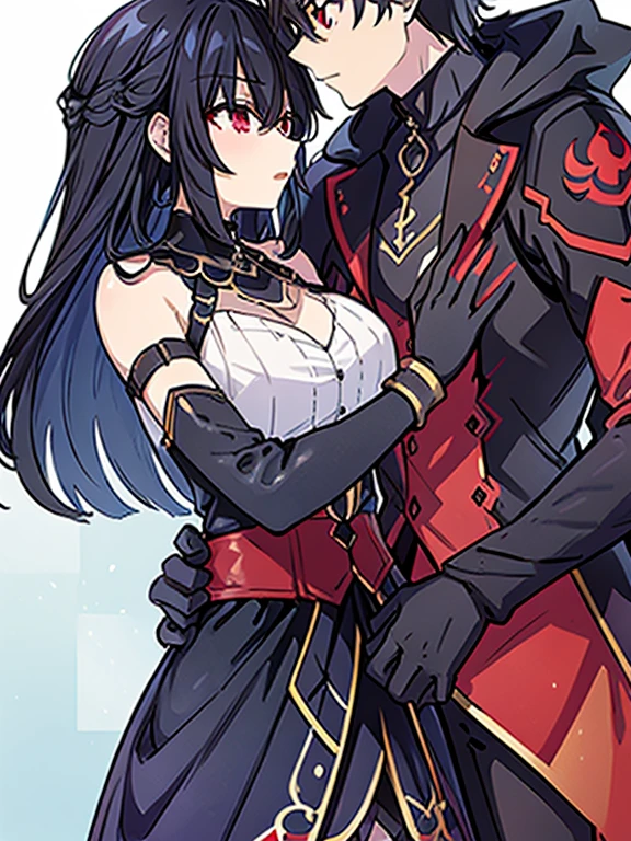 Pareja heterohombre y mujer, hombre:1.1,( con cuernos rojos:1.3), pelo negro, ojos rojos:1.5, cara masculina), Mujer loba, (pelo gris, ojos rojos:1.5, bonito rostro femenino), obra maestra de anime, high resolution, HD definition.