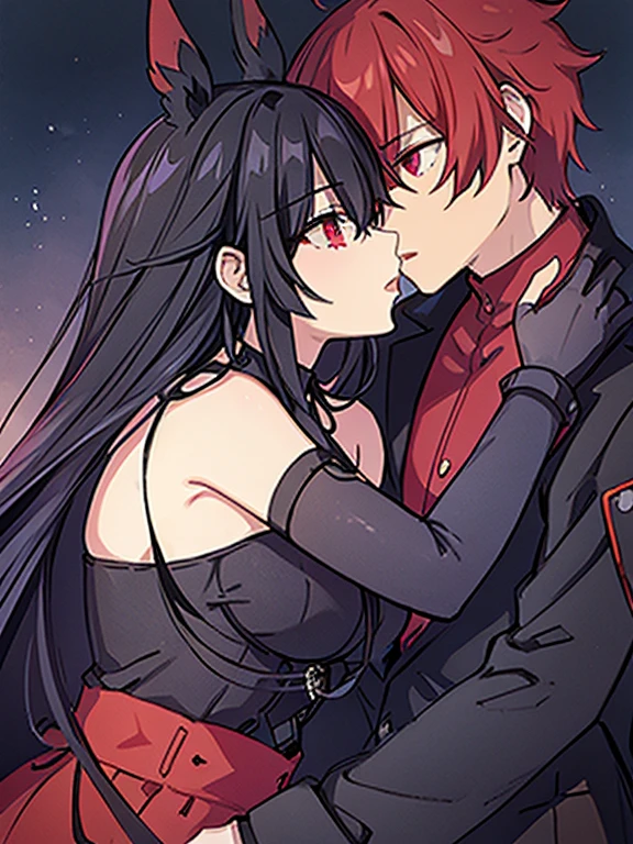 Pareja heterohombre y mujer, hombre:1.1,( con cuernos rojos:1.3), pelo negro, ojos rojos:1.5, cara masculina), Mujer loba, (pelo gris, ojos rojos:1.5, bonito rostro femenino), obra maestra de anime, high resolution, HD definition.