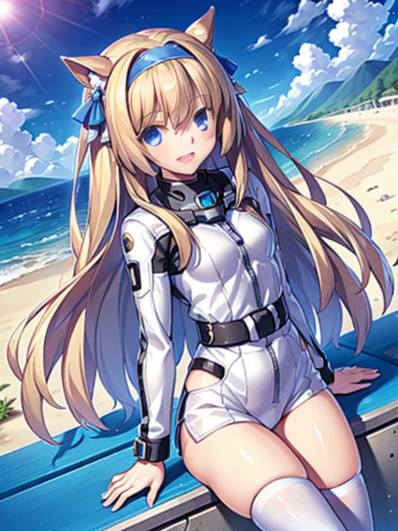 ((masterpiece))、highest quality、(Whole body wide angle)、Neo Universe(Umamusume)、1 girl, Neo Universe(Umamusume)、alone, chest, looking at the viewer, blush, smile, long hair, bangs, large chest, blonde long hair, long sleeve, blue eyes, headphone,beret,:d, body suit, b space, white body suit, blue sky,Ocean,summer,Wind:1.3,, space suit break