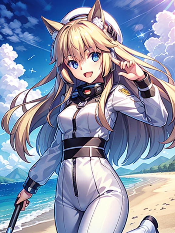 ((masterpiece))、highest quality、(Whole body wide angle)、Neo Universe(Umamusume)、1 girl, Neo Universe(Umamusume)、alone, chest, looking at the viewer, blush, smile, long hair, bangs, large chest, blonde long hair, long sleeve, blue eyes, headphone,beret,:d, body suit, b space, white body suit, blue sky,Ocean,summer,Wind:1.3,, space suit break 