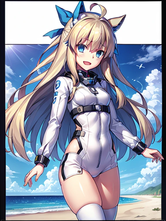 ((masterpiece))、highest quality、(Whole body wide angle)、Neo Universe(Umamusume)、1 girl, Neo Universe(Umamusume)、alone, chest, looking at the viewer, blush, smile, long hair, bangs, large chest, blonde long hair, long sleeve, blue eyes, headphone,beret,:d, body suit, b space, white body suit, blue sky,Ocean,summer,Wind:1.3,, space suit break 