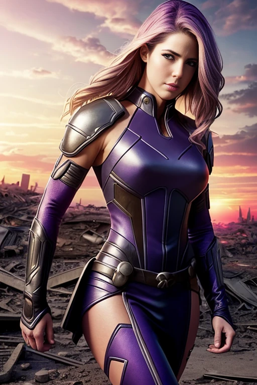 Emily Bett Rickards、torn suit、I'm wearing a skirt、masterpiece, 1 girl, マーベルのサイロックとしてbeautiful女性, X-Men Psylocke Cosplay、purple suit、Fine and delicate features, futuristic new york background, Science fiction, blonde, super heroine, heroic, perfect balance, photograph, 超realistic, masterpiece, 8k, large format camera, 110mm lens, dynamic lighting, rim lighting、official art, extremely detailed CG 8K wallpaper, perfect lighting, De color, bright_amount_method_light, piel bright, (masterpiece:1.0), (Better_quality:1.0), ultra high resolution, 4k , Super detailed, director of photography, 8K, HDR, Altas Resolightones, (confused:1.2), kodak portrait 400, film grain, blurred background, (Bokeh:1.2), Lens flare, (lively_color:1.2), プロのphotograph撮影, (beautiful_method:1.5),More detailed 8K.unreal engine:1.4,Hmm,La Better calidad:1.4, realistic:1.4, skin temperature:1.4, masterpiece:1.8,masterpiece, Better calidad,object object], (detailed facial features:1.3),(Anti-sedentary apocalyptic destroyed city:1.4), (Apocalyptic Sunset:1.4)