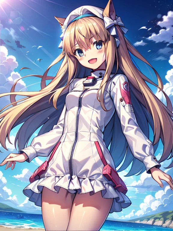 ((masterpiece))、highest quality、(Whole body wide angle)、Neo Universe(Umamusume)、1 girl, Neo Universe(Umamusume)、alone, chest, looking at the viewer, blush, smile, long hair, bangs, large chest, blonde long hair, long sleeve, blue eyes, headphone,beret,:d, body suit, b space, white body suit, blue sky,Ocean,summer,Wind:1.3,, space suit break