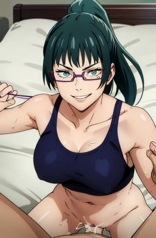 MakiZenin, 1girl, perfect, beautiful, lnd_woman, lnd_body, posing, laying down, front, ponytail, [(green hair:1.1):2] eyewear, in bed, sports bra, no underwear, missionary position, eyes looking seductively at viewer, evil smile, masterpiece, high quality, expressive eyes, defined eyes, sex with maki zenin, orgasm, riding dick, man fucking woman, man fucks maki hard till she cums, best sex ever, good eyes, maki lays in the hote bed, laying down on back, missionary sex, hands up, pov missionary, armpits, well defined eyes, good face, hot sex, creampie, hands grabbing her breasts, breast squeezing