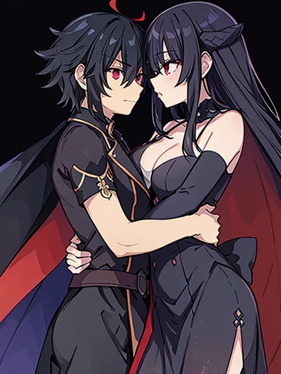 Pareja heterohombre y mujer, hombre:1.1,( con cuernos rojos:1.3), pelo negro, ojos rojos:1.5, cara masculina), Mujer loba, (pelo gris, ojos rojos:1.5, bonito rostro femenino), obra maestra de anime, high resolution, HD definition.