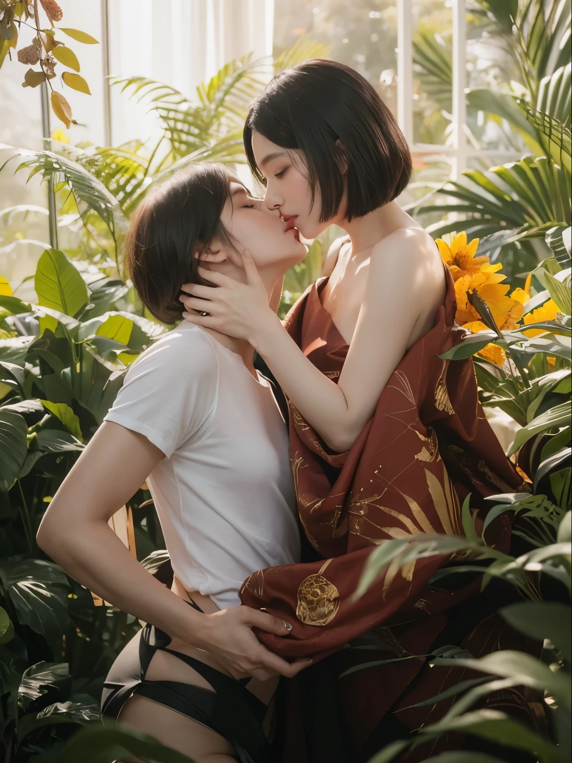 (Best quality, 8k, 32k, Masterpiece, UHD:1.2) "Generate a captivating artwork featuring a young Japanese girl model with short, sleek black hair styled in a chic bob haircut. Envision her bathed in dramatic cinematic lighting, creating an atmosphere of allure and mystery. Emphasize a romantic aesthetic vibe, showcasing the model in a poised and elegant pose that evokes a sense of intimacy and sophistication. Utilize warm and soft tones to enhance the romantic ambiance, and consider incorporating elements like flowing fabrics or flowers to add a touch of ethereal beauty. Capture the essence of romance and beauty through the model's expression, the play of light and shadows, and the overall aesthetic, creating a visually compelling and emotionally resonant piece." (perfect eyes), flawless skin, flawless face, cinematic, tight body, ((well-proportion female hands)), ((female hands with five digits)) ((Body is well proportioned)), ((chic bob haircut)), soft focus ((Short Black Hair)), ((Lesbian)), ((Kissing))