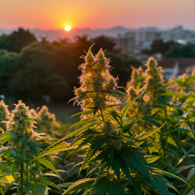 White cannabis plant with sunset