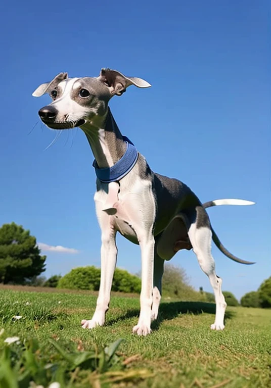 Black Italian greyhound, greyhound, whippet, blue sky, sunny, park, green grass, trees, posing