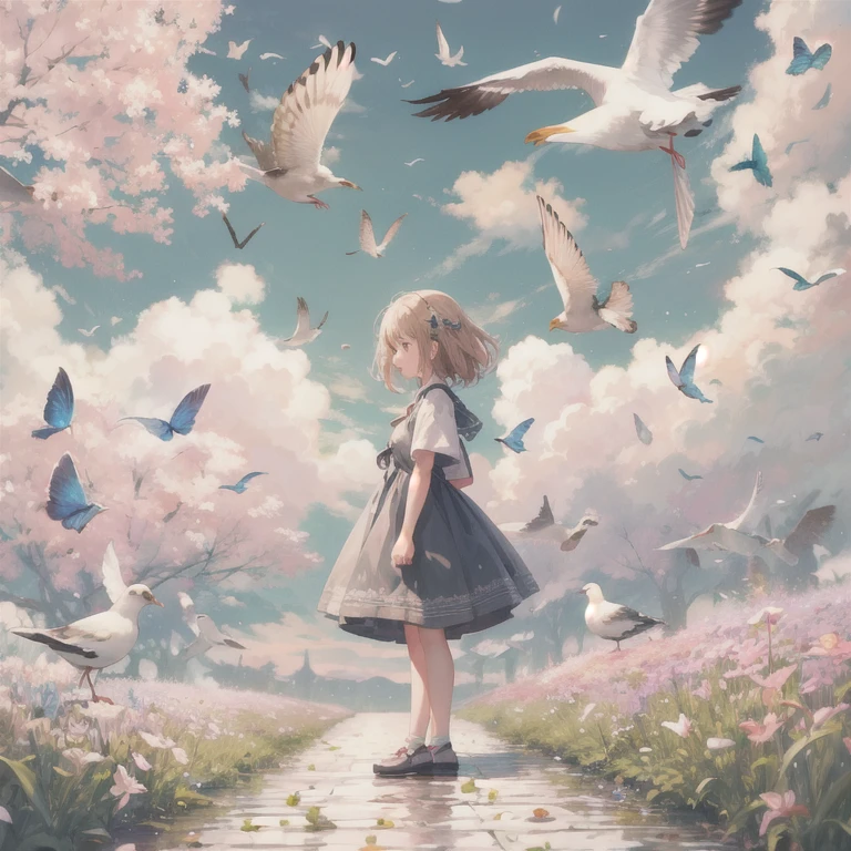 masterpiece, highest quality, 1 girl, bird, seagull, null, cloud, polka_Dot, green_null, alone, cloudy_null, bug, butterfly, Day, blush, flock, outdoor, Abigail