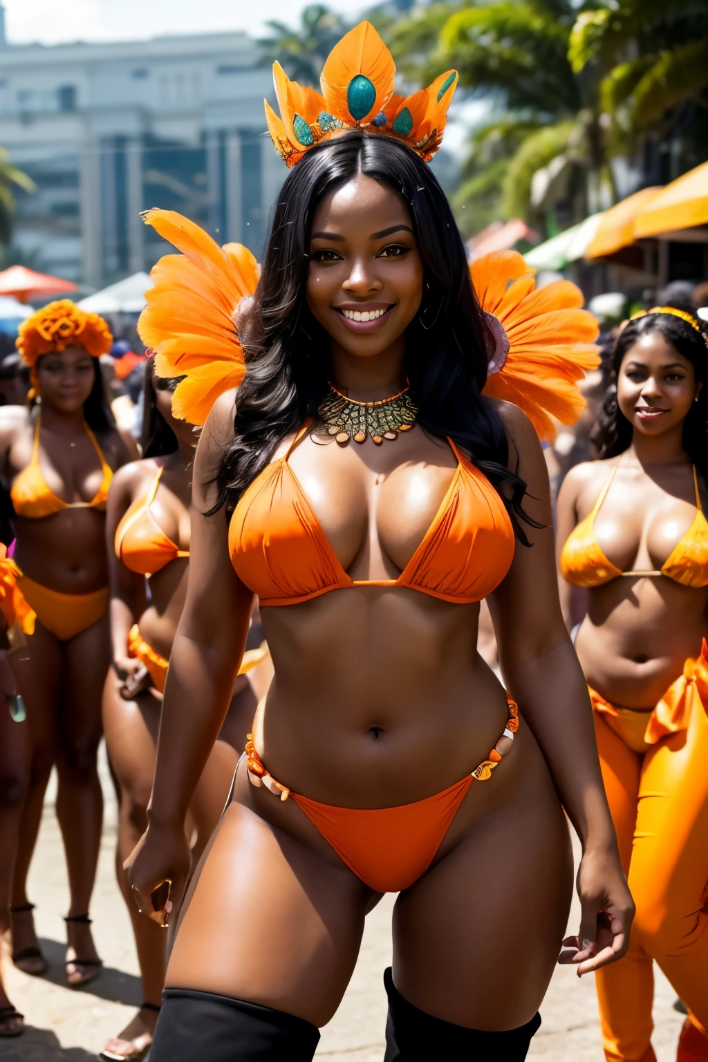 Beautiful black Brazilian women、black hair、smile、orange peacock crown、huge breasts、plump body、orange peacock feather、orange micro bikini、Orange knee-high boots、crowded with many spectators.、at Rio's Samba Carnival