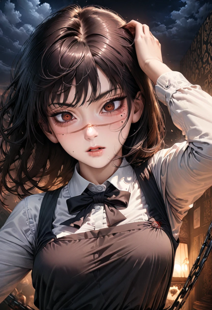 (hyper-realistic), (illustration), (high resolution), (8K), (extremely detailed), (best illustration), Yoru ( Chainsaw Man ), (beautiful detailed eyes), (best quality), (ultra-detailed), (masterpiece), (wallpaper), (detailed face), solo, upper body, focus on face, 1 girl, long black hair, Korean, thin eyeshadow, well-detailed eyes, brown eyes, small moles under the eyes, long sleeve shirt, neck bow,  small breasts, pinafore dress, dynamic pose, low lighting, night, dark, clouds, dark night