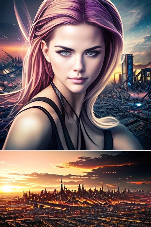 Emily Bett Rickards、torn suit、I'm wearing a skirt、masterpiece, 1 girl, マーベルのサイロックとしてbeautiful女性, X-Men Psylocke Cosplay、purple suit、Fine and delicate features, futuristic new york background, Science fiction, blonde, super heroine, heroic, perfect balance, photograph, 超realistic, masterpiece, 8k, large format camera, 110mm lens, dynamic lighting, rim lighting、official art, extremely detailed CG 8K wallpaper, perfect lighting, De color, bright_amount_method_light, piel bright, (masterpiece:1.0), (Better_quality:1.0), ultra high resolution, 4k , Super detailed, director of photography, 8K, HDR, Altas Resolightones, (confused:1.2), kodak portrait 400, film grain, blurred background, (Bokeh:1.2), Lens flare, (lively_color:1.2), プロのphotograph撮影, (beautiful_method:1.5),More detailed 8K.unreal engine:1.4,Hmm,La Better calidad:1.4, realistic:1.4, skin temperature:1.4, masterpiece:1.8,masterpiece, Better calidad,object object], (detailed facial features:1.3),(Anti-sedentary apocalyptic destroyed city:1.4), (Apocalyptic Sunset:1.4)