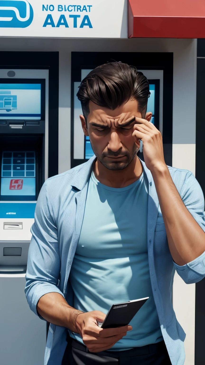 ultra high definition, 3d style image of a man checking his account balance at an ATM and looking extremely distressed and sweating