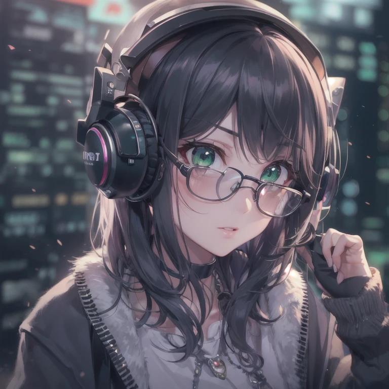 anime, deejay girl, DJ, DJ girl, headphones, High praise, (best image quality),masterpiece,highest quality,extremely be familiar with CG wallpaper, ultra_be familiar with,(cinematic lighting:1.1), (cold face), green eyes, 1 girl, alone, dark green_hair, short_hair, masterpiece, highest quality, Glasses