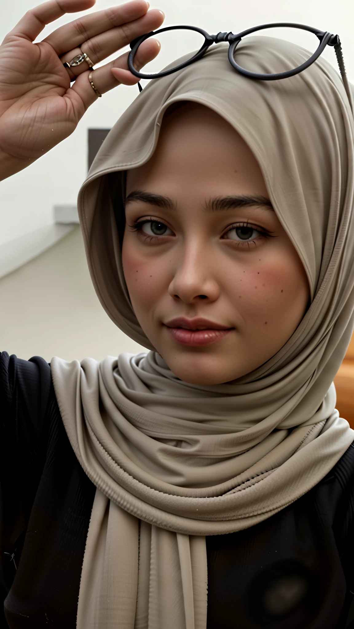 masterpiece, (ultra-high-definition portrait, vignet:1.4), Realistic, extremely detailed, CG unified, 8k, Clean lines, highly detailed, High-definition, raw color photos, Realistic portrait, Cinematic Light, Beautiful detailed, (1hijabgirl, indonesian:1.5), (165cm tall, big breasts with lips like she wants to kiss:1.5), Beautiful big breasts, breasts details, very tight, (Biggorgeous breast, Glance side eye:1.5), (Soft smiling, Big Breast:1.4), Close up of a girl in Beautiful clothes with errected nipple, biggorgeous breast, Smiling, scarf, (Bombastic Side Eyes with curvaceous body:2), pose 4 of 1 6, Undress, No bra, (nipples that are clearly sticking out detail:1.2), Outdoors, high intricate detailed.