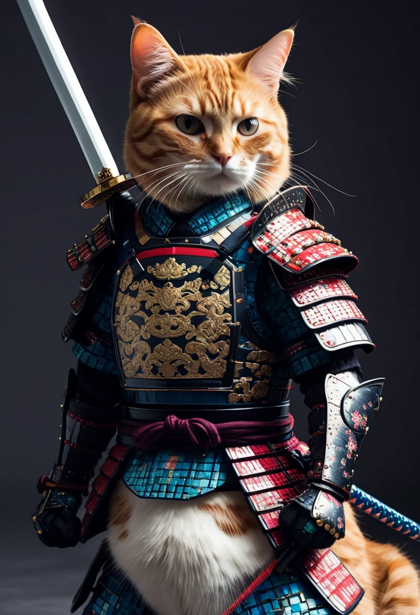 samurai cat with sword on the back with pixel fashion armor