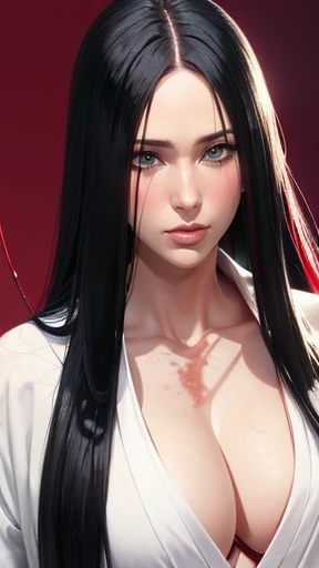 make a beautiful red-haired girl with blue eyes （（（perfect figure，figure，black Japanese clothing,White feather woven, （（（bleach，Scars on the chest, red eyes,unohana））），S-type figure:1.7））），((masterpiece)),high resolution, ((Best quality at best))，masterpiece，quality，Best quality，（（（ Exquisite facial features，looking at the audience,There is light in the eyes，Happy，nterlacing of light and shadow，huge ））），（（（looking into camera，fighting stance，red background，Blood）））