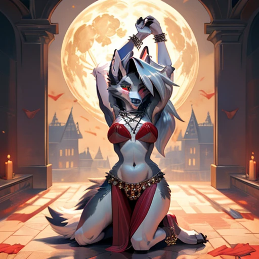 Loona, hellhound, sexy navel, sexy skinny body, demon bellydancer, red dress, red shirt, red gloves, jewelry, bloody moon, seductive belly dancing, dancing on floor, hell palace, arms above head,