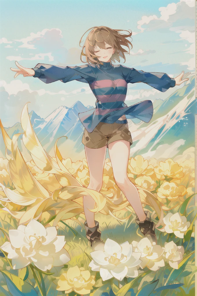 (best quality,4k,8k,highres,masterpiece:1.2), ultra-detailed, (realistic,photorealistic,photo-realistic:1.37), portraits, undertale frisk,small breasts,brown hair,(aged up), (brown shorts:1.3), bob cut, short hair,(closed eyes:1.2), (1girl:1.3), (solo:1.3), blue shirt,purple shirt, striped shirt,long sleeves,arms raised, yellow skin,dancing,facing viewer,full body,boots,on mountain,grass,happy,:p