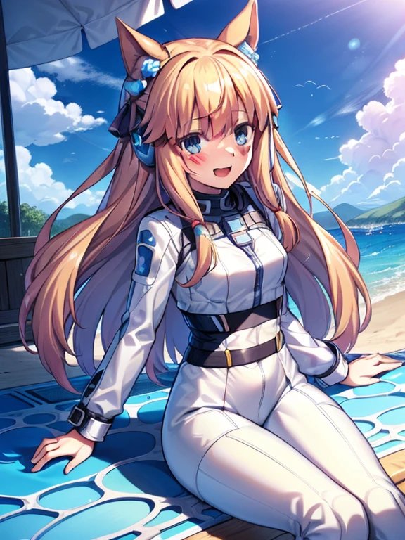 ((masterpiece))、highest quality、(Whole body wide angle)、Neo Universe(Umamusume)、1 girl, Neo Universe(Umamusume)、alone, chest, looking at the viewer, blush, smile, long hair, bangs, large chest, blonde long hair, long sleeve, blue eyes, headphone,beret,:d, body suit, b space, white body suit, blue sky,Ocean,summer,Wind:1.3,, space suit break