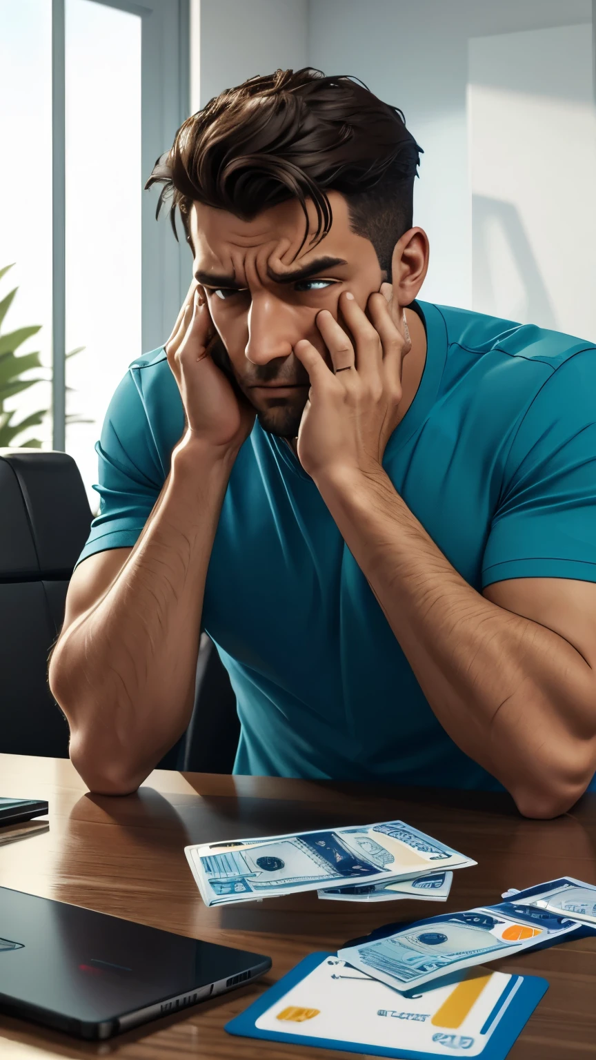 ultra high definition, 3d style image of a man looking at multiple credit cards on his table and is looking extremely distressed and sweating