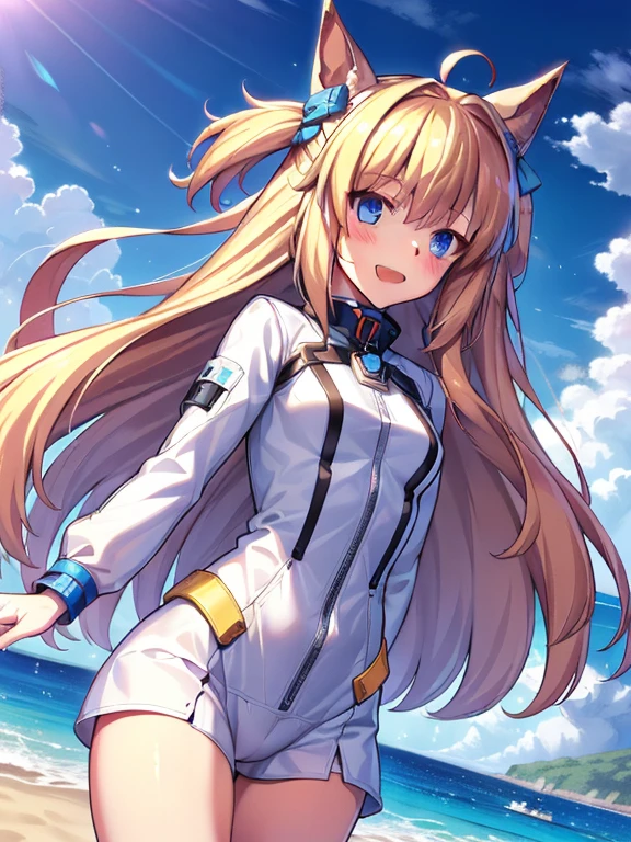 ((masterpiece))、highest quality、(Whole body wide angle)、Neo Universe(Umamusume)、1 girl, Neo Universe(Umamusume)、alone, chest, looking at the viewer, blush, smile, long hair, bangs, large chest, blonde long hair, long sleeve, blue eyes, headphone,beret,:d, body suit, b space, white body suit, blue sky,Ocean,summer,Wind:1.3,, space suit break