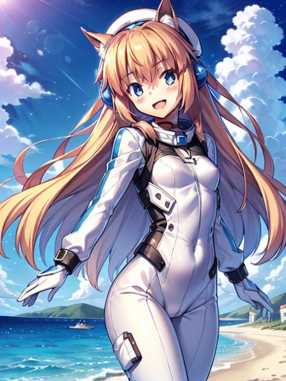 ((masterpiece))、highest quality、(Whole body wide angle)、Neo Universe(Umamusume)、1 girl, Neo Universe(Umamusume)、alone, chest, looking at the viewer, blush, smile, long hair, bangs, large chest, blonde long hair, long sleeve, blue eyes, headphone,beret,:d, body suit, b space, white body suit, blue sky,Ocean,summer,Wind:1.3,, space suit break