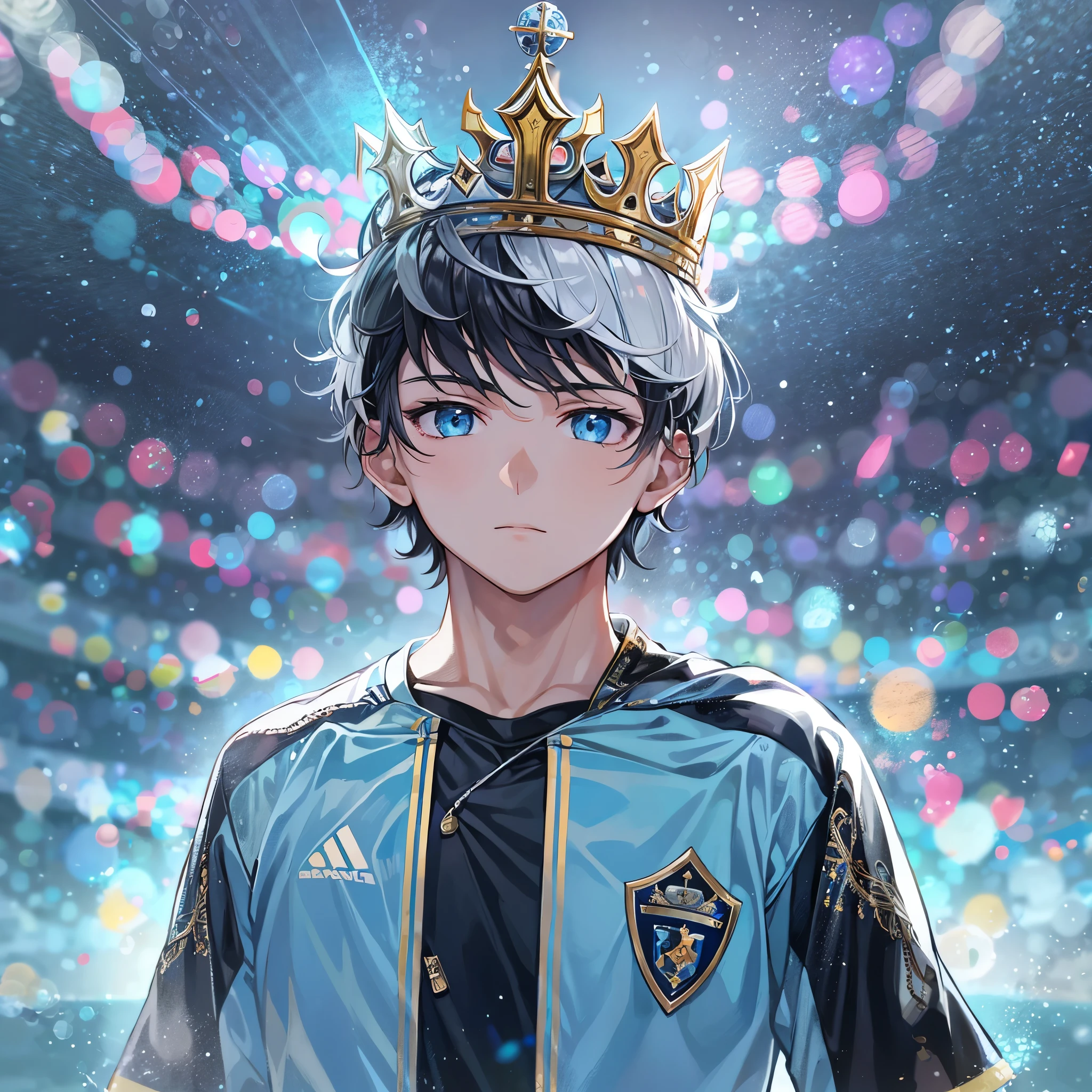 (1boy, masculino),(atacante),uniforme de futebol, aquamarine eyes, Campo de futebol, black short hair, crown over the head
