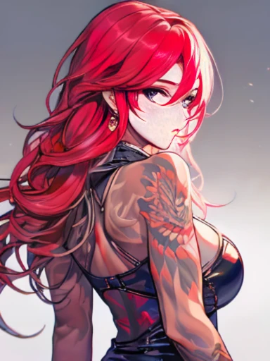 make a beautiful redhead girl with blue eyes best qualtiy, 超A high resolution, detail portrayal, from behind, Beautuful Women, large full breasts, Dragon tattoo all over the back, Fluffy clothes, toned and muscular body,