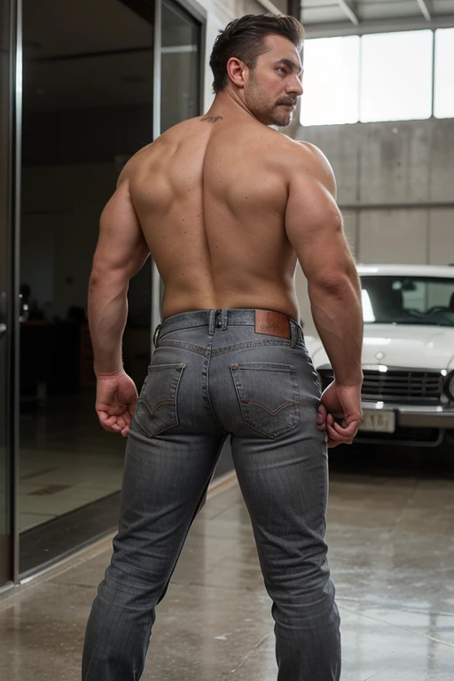 An impressive realistic photo of a large, muscular, hairy and masculine man, 40 years old, full body,mustache, detailed face. naked formal gray brilliant metalic tigth jeans bubble butt, , facing the camera. Backside