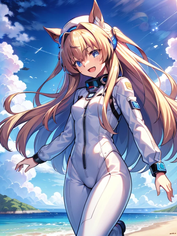((masterpiece))、highest quality、(Whole body wide angle)、Neo Universe(Umamusume)、1 girl, Neo Universe(Umamusume)、alone, chest, looking at the viewer, blush, smile, long hair, bangs, large chest, blonde long hair, long sleeve, blue eyes, headphone,beret,:d, body suit, b space, white body suit, blue sky,Ocean,summer,Wind:1.3,, space suit break
