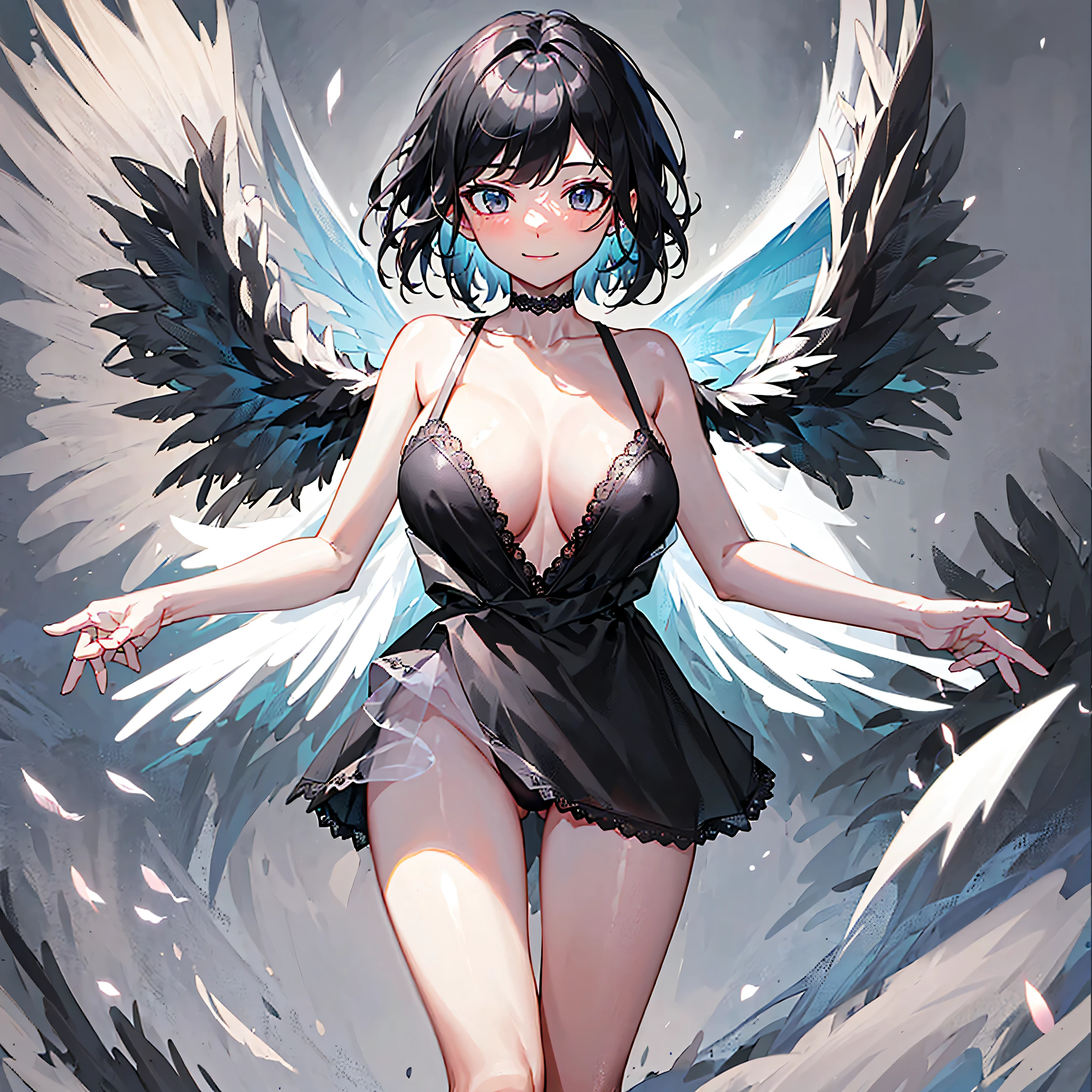 (1 seraphim girl standing on peak of frozen snowy mountain) higher than overcast, blowing frozen wind, (solo), swinging back, multiple wings, (she has 12 wings on her back), (6 white wings:1.5) and (6 black wings:1.5), BREAK, (wearing nothing without a lace trimmed sheer short black chemise:1.8), (black plunging neckline:1.2), shoulder straps, too short black skirt flapping by wind, stiletto heels, BREAK, (black short hair:1.3), sidelocks, black eyes, collarbone, (bouncing large perky breasts:1.2), (cleavage), inconceivably narrow waist, (bared skinny arms), (bared skinny long legs), thigh gap, tiptoe, BREAK, baby face, nose blush, smile for viewer, open mouth, orgasm, BREAK, full body, (extremely detailed CG unity 8k wallpaper), (beautiful detailed), (ultra high resolution), (masterpiece:1.2), (best quality), (beautiful illustration)