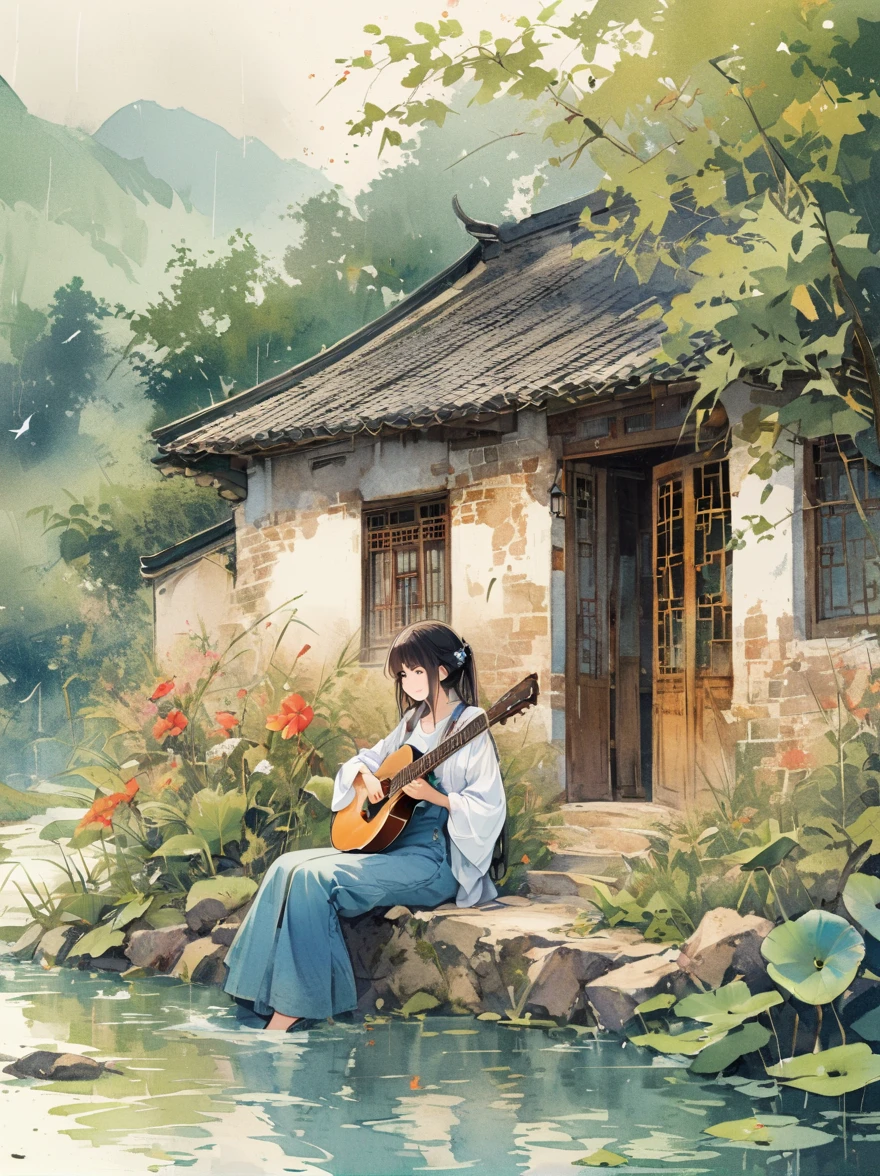 line art, Imagination about your dream girlfriend、warm depiction,Treated as a dream lover and lifelong partner。She embodies the simplicity of Chinese rural girls、Diligent,Integrate with wisdom、Beautiful and hard-working character。This artistic depiction shows her in a rural setting,Exuding sweetness、romantic atmosphere。(( 1 girl, alone, black hair, Keep, sitting, She wore simple denim overalls and a white shirt,Play the guitar)),Reflecting her humble beginnings and down-to-earth character。Her facial features are gentle and beautiful,The expression is very friendly、Tempting。The background is a picturesque rural landscape,rolling hills、Fields and traditional country house,Add sweet and rustic romantic charm。The overall style combines realism and idealized rural beauty,embodies the dreamlike、The essence of a cute country girl, (floral watercolor painting:1.5),(Super high saturation, Bright colors:1.5), (National Science Foundation), (Look directly at the audience:1.5)