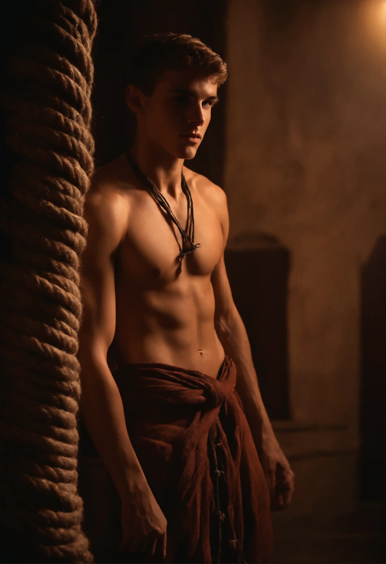 Handsome 16yo slim shirtless french guy. Skinny abs and pecs. Wearing antique loincloth. In a dark Temple by night. hands tied behind the back, rope around his body, bondage, tied-up in rope, waring ony underwear, brief