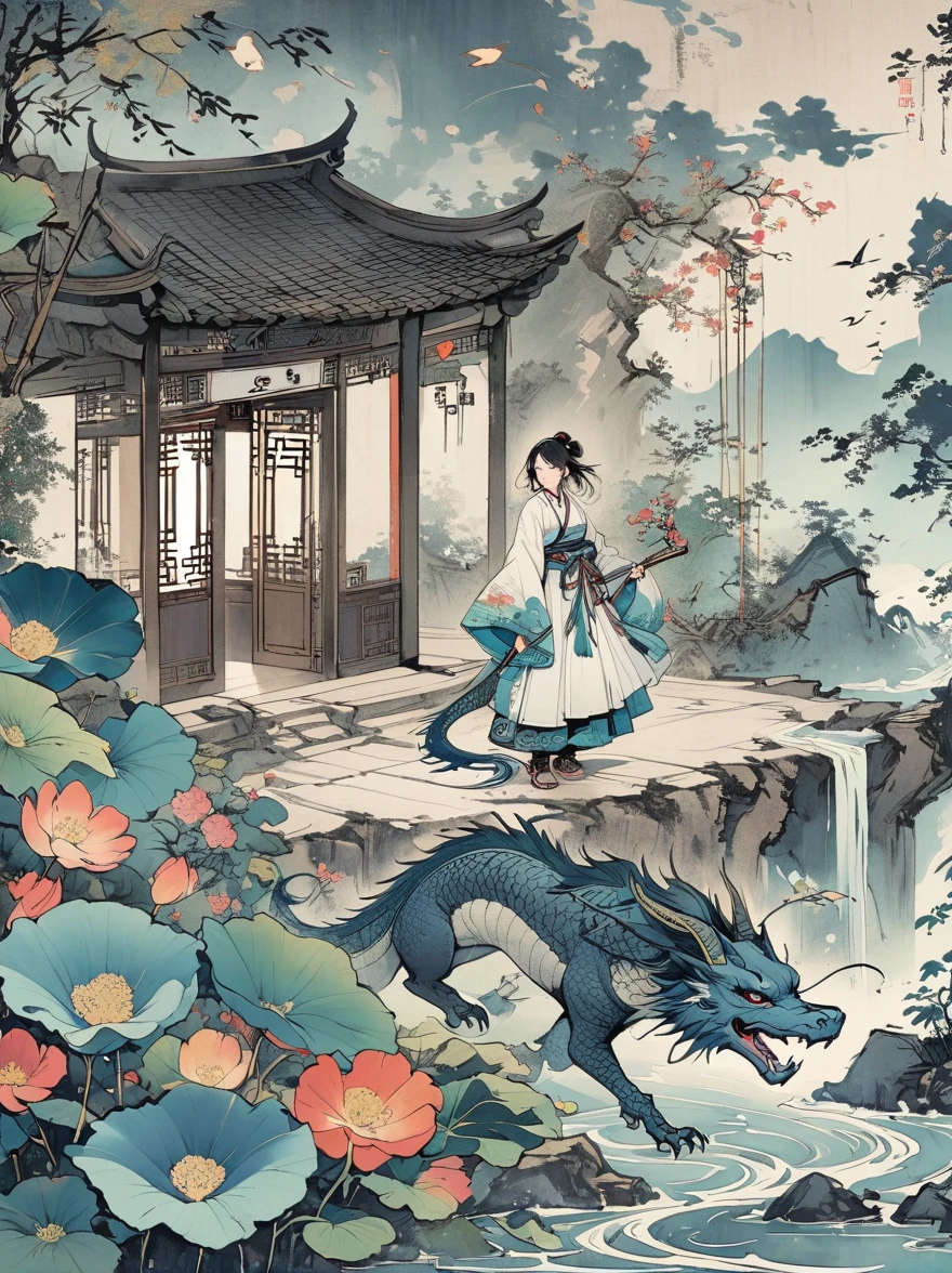 A Chinese style mural with an ancient silver dragon and a girl wearing white Hanfu in the center of the composition surrounded by clouds and mist floating on dark blue sea waves . The character ' s expression is serious and mysterious , adorned with exquisite jewelry such as earrings , necklaces , rings , bracelets , flowers and ribbons . In front of her lies a small boat filled with moonlight shining through clouds . It features flat illustrations in the style of colorful woodcut prints , with a dark gold black white gray green color scheme in the style of Chinese punk and flat painting . Highly detailed .