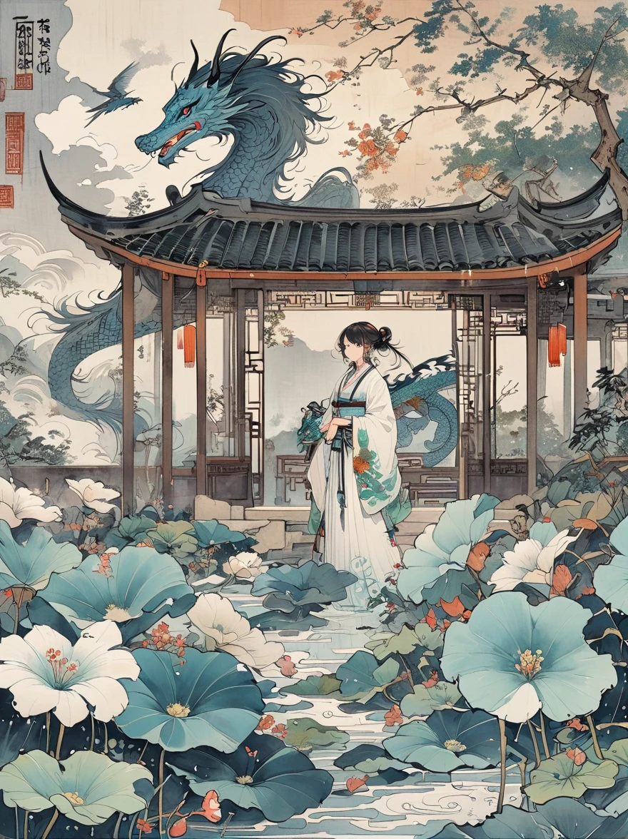 A Chinese style mural with an ancient silver dragon and a girl wearing white Hanfu in the center of the composition surrounded by clouds and mist floating on dark blue sea waves . The character ' s expression is serious and mysterious , adorned with exquisite jewelry such as earrings , necklaces , rings , bracelets , flowers and ribbons . In front of her lies a small boat filled with moonlight shining through clouds . It features flat illustrations in the style of colorful woodcut prints , with a dark gold black white gray green color scheme in the style of Chinese punk and flat painting . Highly detailed .