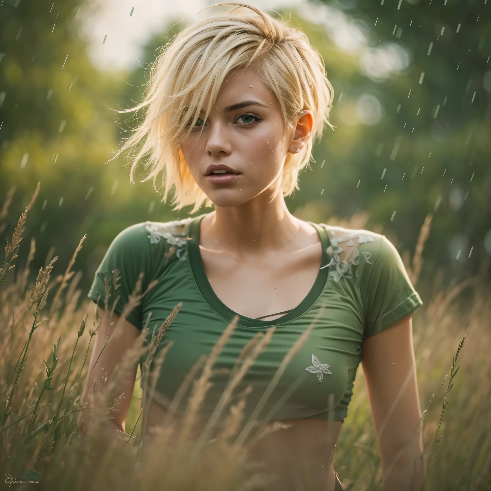 punk girl wearing a pale t-shirt, blurred green grass and trees in the background, short blonde hair, cowboy shot, high quality, high resolution, hot and sweaty, wet, panting, alice