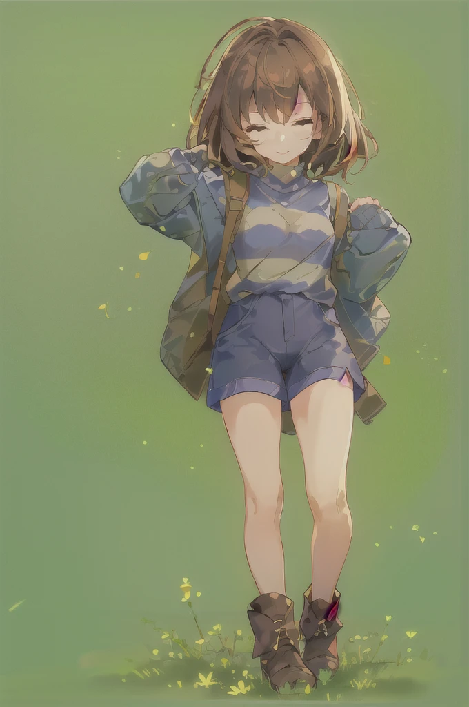 (best quality,4k,8k,highres,masterpiece:1.2), ultra-detailed, (realistic,photorealistic,photo-realistic:1.37), portraits, undertale frisk,small breasts,brown hair,(aged up), (brown shorts:1.3), bob cut, short hair,(closed eyes:1.2), (1girl:1.3), (solo:1.3), blue shirt,purple shirt, striped shirt,long sleeves,arms raised, yellow skin,dancing,facing viewer,full body,boots,on mountain,grass,happy,:p,torso,holding pip 