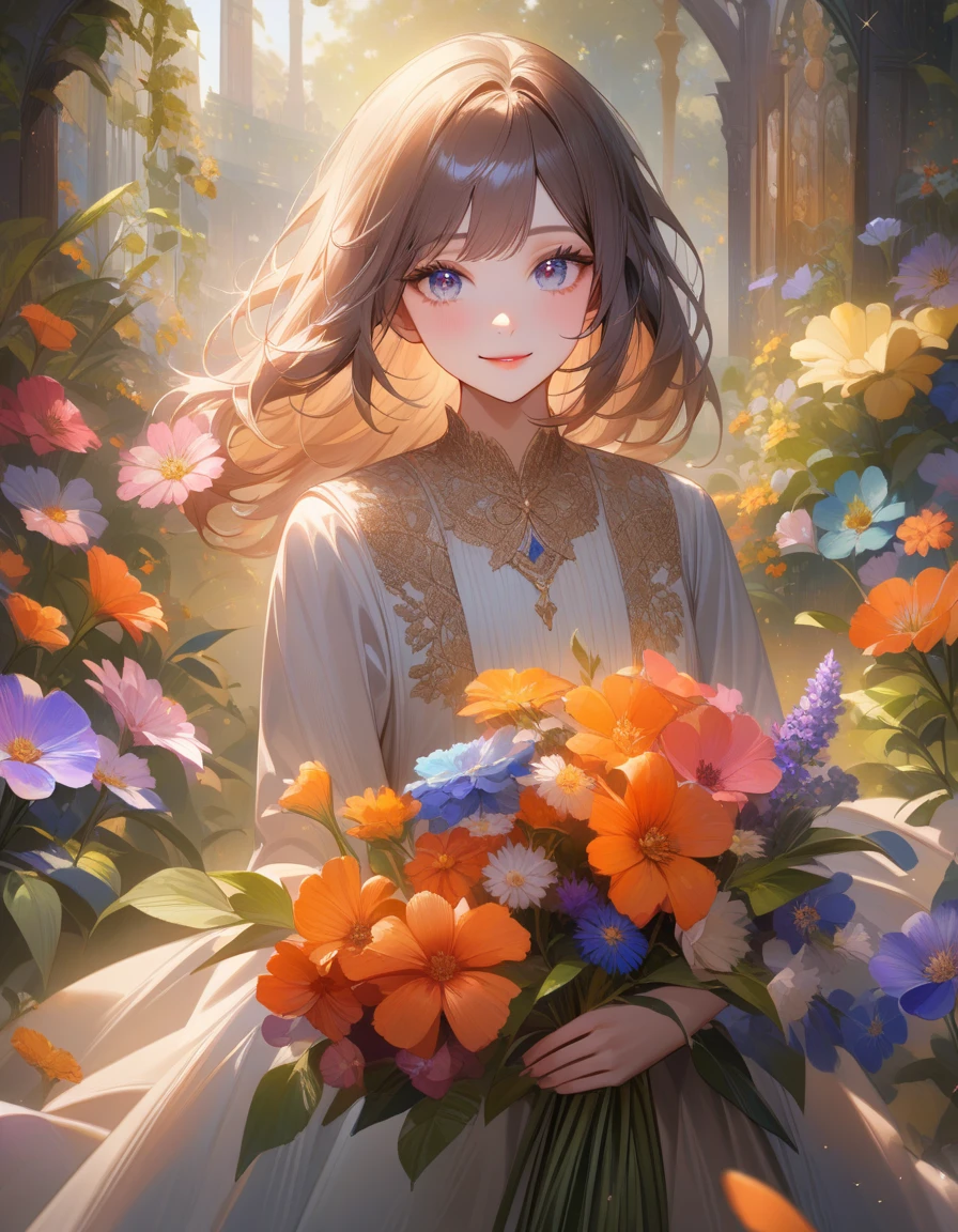 A girl with playful eyes and a mischievous smile, surrounded by a vibrant garden. The girl's eyes are beautifully detailed, capturing every sparkle and hint of mischief. Her lips are also beautifully detailed, adding a touch of allure to her smile. The garden is filled with an abundance of colorful flowers, dancing in the gentle breeze. The girl's long eyelashes flutter as she explores the garden, her curiosity evident in every step. The scene is depicted in a medium of oil painting, adding richness and depth to the artwork. The image quality is of the highest standard, with ultra-detailed textures and realistic shading. The colors are vivid and vibrant, enhancing the vibrancy of the garden. The lighting is soft and natural, illuminating the girl's face and accentuating the details of the flowers. The overall atmosphere of the artwork is enchanting and whimsical, inviting the viewer to step into this magical world.