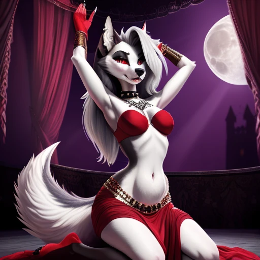 Loona, hellhound, sexy navel, sexy skinny body, demon bellydancer, red dress, red shirt, red gloves, jewelry, bloody moon, seductive belly dancing, stading on floor, hips shaking, hell palace, arms above head,
