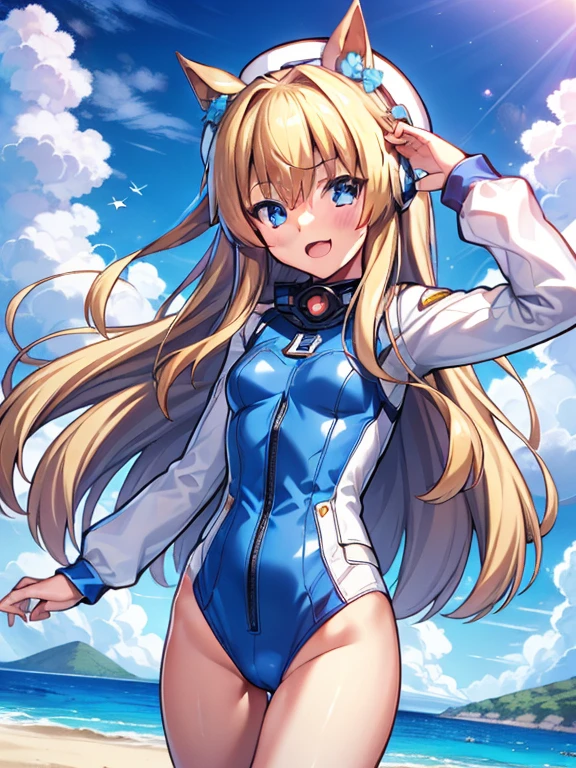 ((masterpiece))、highest quality、(Whole body wide angle)、Neo Universe(Umamusume)、1 girl, Neo Universe(Umamusume)、alone, chest, looking at the viewer, blush, smile, long hair, bangs, large chest, blonde long hair, long sleeve, blue eyes, headphone,beret,:d, body suit, b space, white body suit, blue sky,Ocean,summer,Wind:1.3,, space suit break
