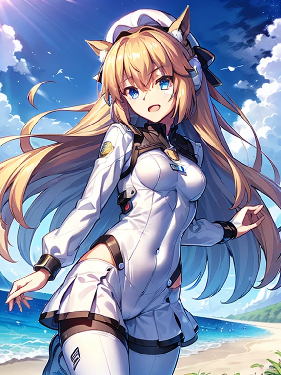 ((masterpiece))、highest quality、(Whole body wide angle)、Neo Universe(Umamusume)、1 girl, Neo Universe(Umamusume)、alone, chest, looking at the viewer, blush, smile, long hair, bangs, large chest, blonde long hair, long sleeve, blue eyes, headphone,beret,:d, body suit, b space, white body suit, blue sky,Ocean,summer,Wind:1.3,, space suit break